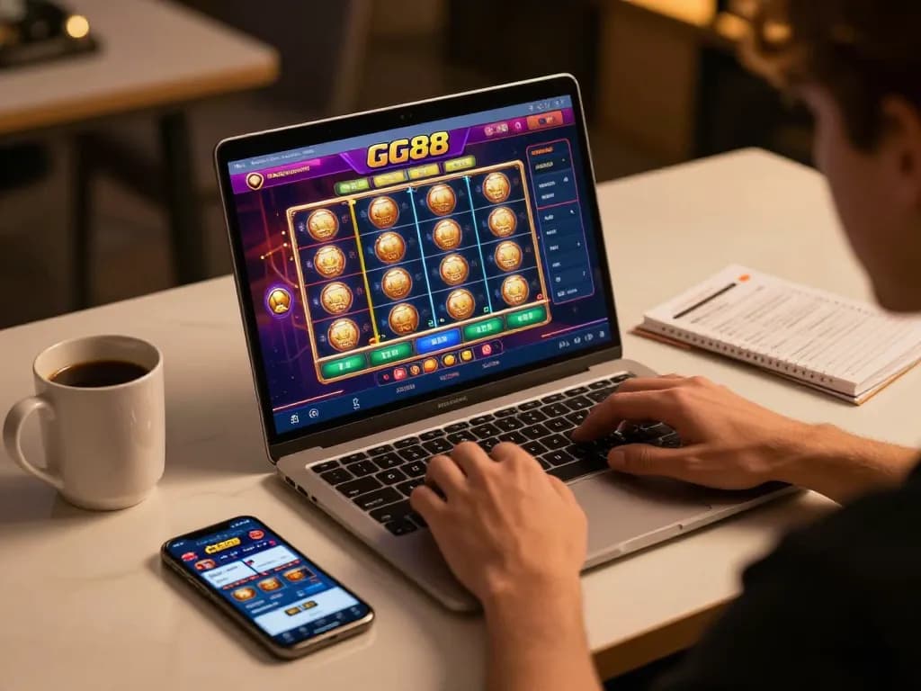 Engaged player exploring GG88 online casino gaming on laptop, showcasing vibrant gameplay.