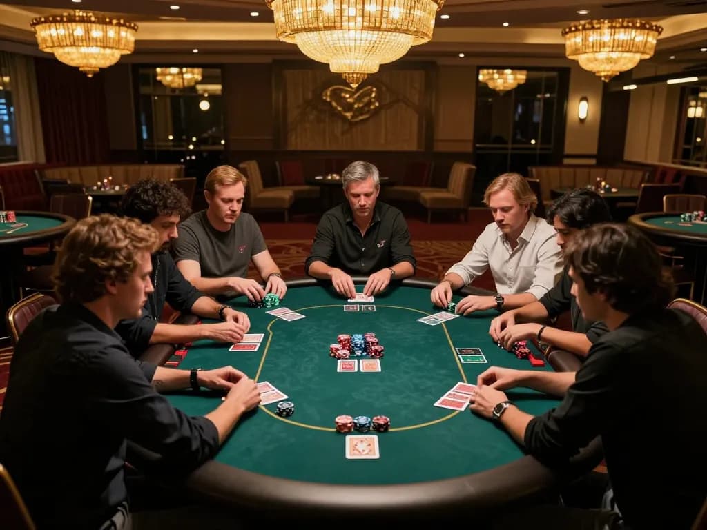 Players in rwin poker room strategizing over chips and cards in a luxurious casino