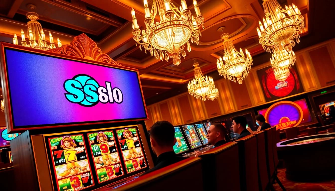 Experience thrilling gaming action at slot888 with vibrant slot machines and eager players.