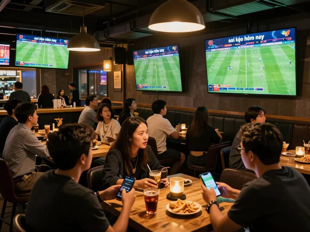 Soi kèo hôm nay displayed on screens as football fans engage in sports betting excitement.