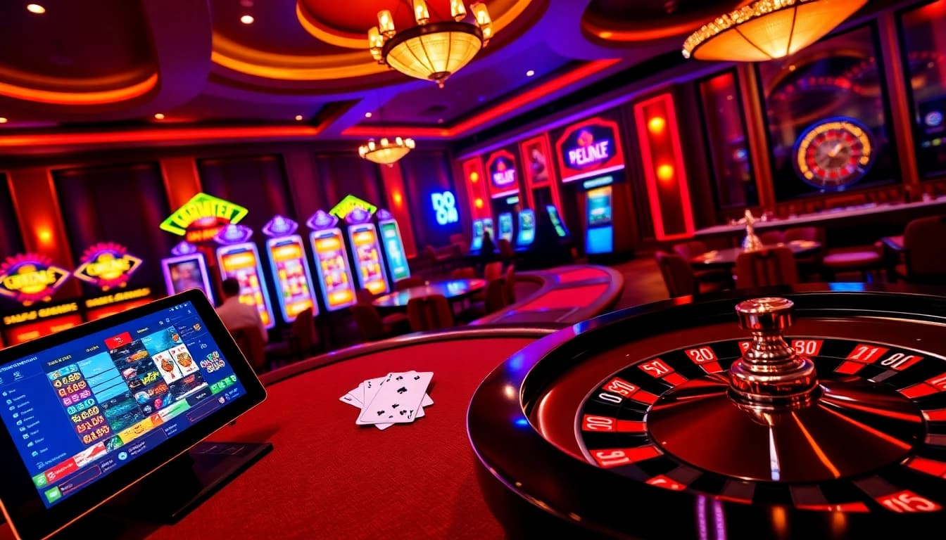 A vibrant casino scene at https://nk88vip.it.com/, showcasing poker action, glowing slot machines, and an elegant roulette wheel.