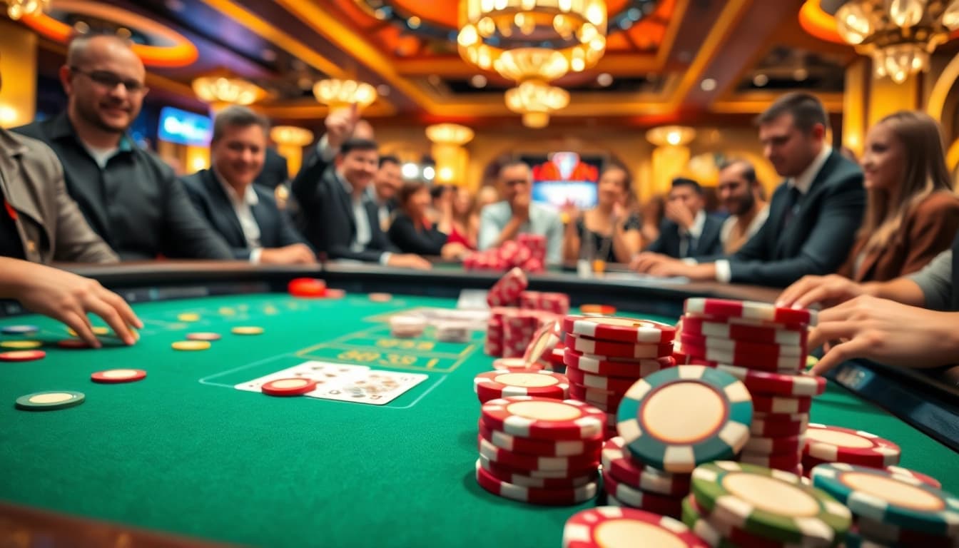 Casinow sg players enjoying intense casino games with vibrant chips and cards.