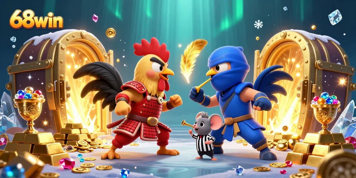 Experience the thrilling action of 68win with stunning fights between roosters in a majestic casino setting.