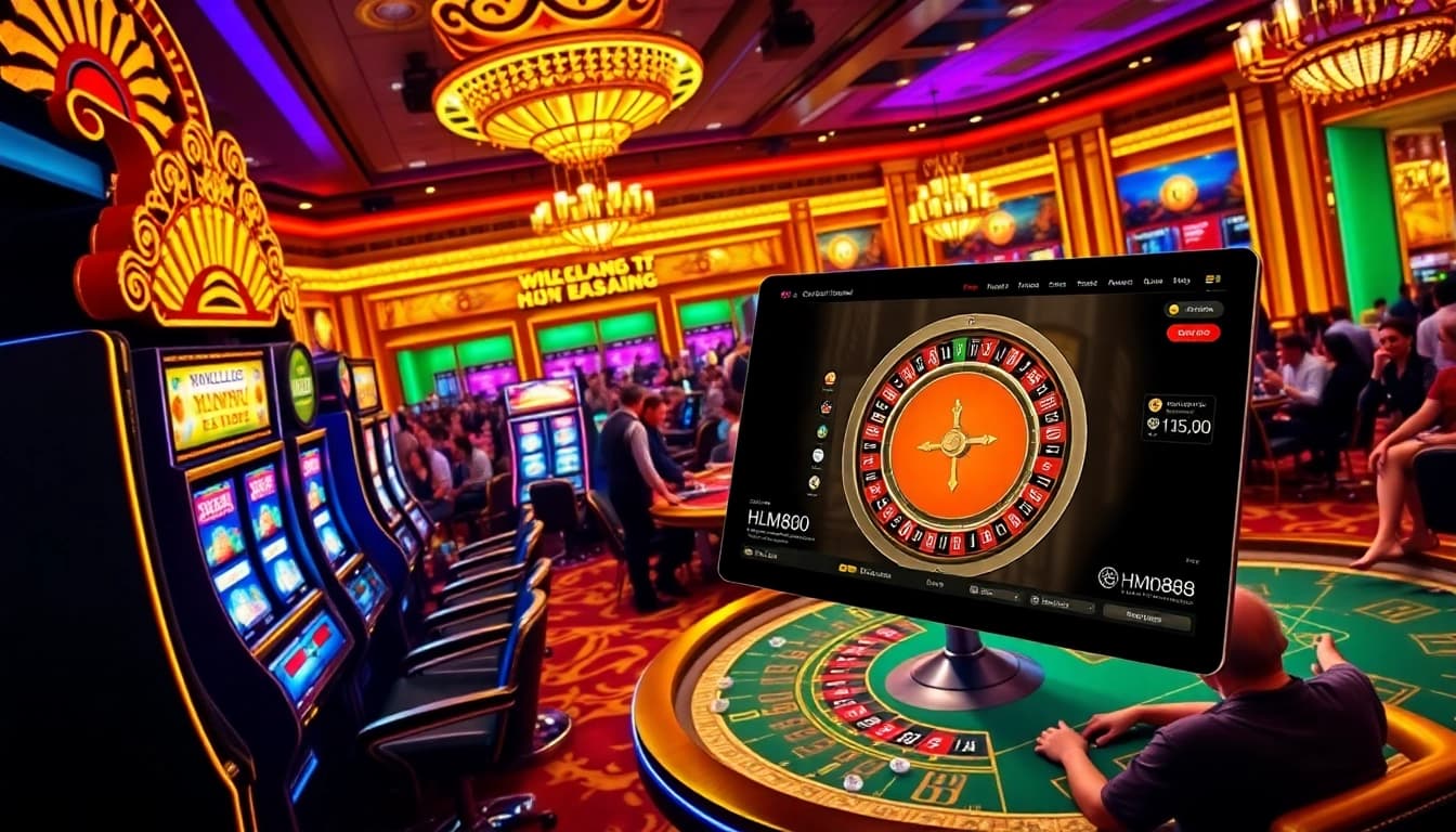 Play thrilling games at HM88 with vibrant casino visuals highlighting excitement and luxury.