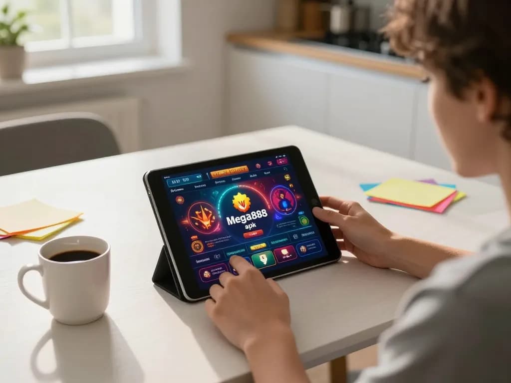 Situasi menarik muat turun mega888 apk dengan seorang individu menggunakan tablet untuk permainan kasino dalam talian.