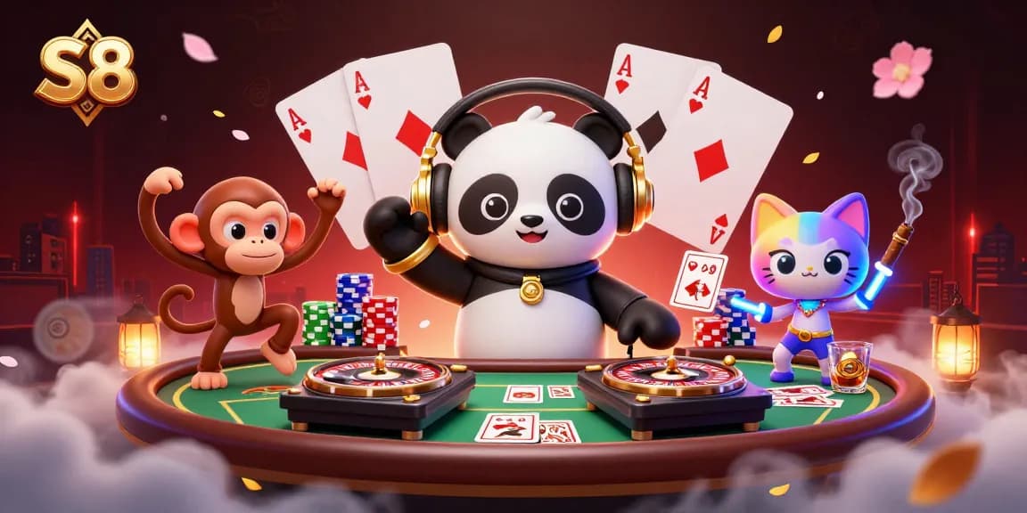 S8 offers vibrant casino excitement with a DJ panda, poker chips, and roulette elements in a lively atmosphere.