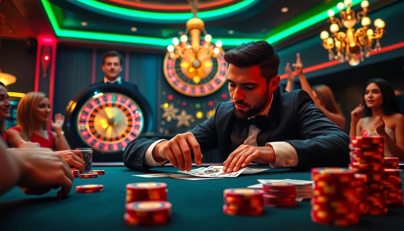 Excited player betting at a luxurious casino table highlighted by https://rr88.mov/ neon lights.