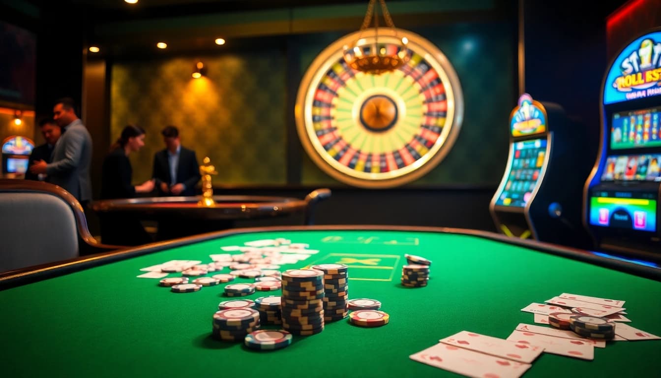 Exciting casino scene with kkwin branding on poker chips and roulette wheel.