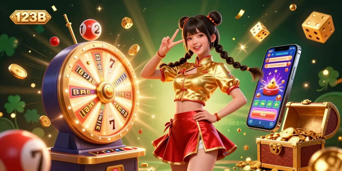 Engage with 123B's thrilling casino action featuring vibrant slot machines and lottery balls.