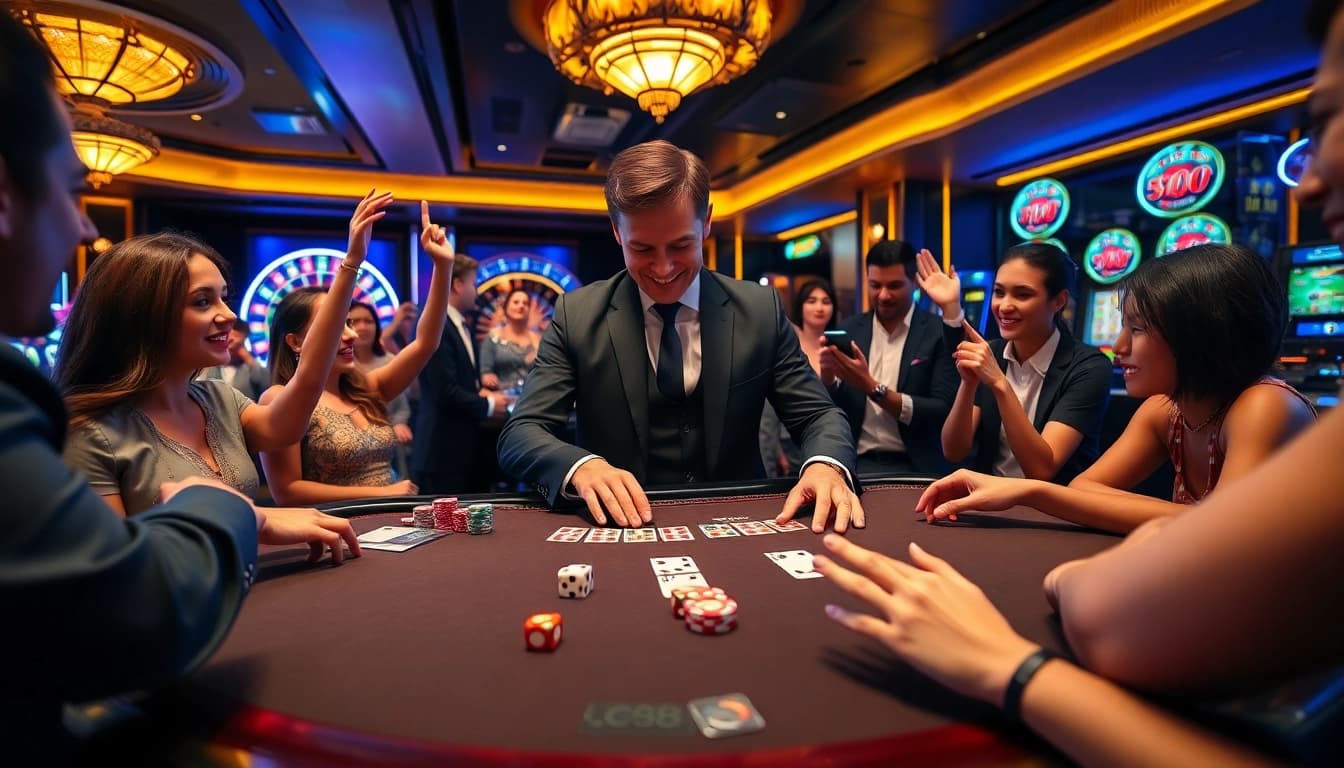 A lively gambling scene at LC88 featuring a blackjack table with enthusiastic players celebrating their wins and vibrant casino elements.