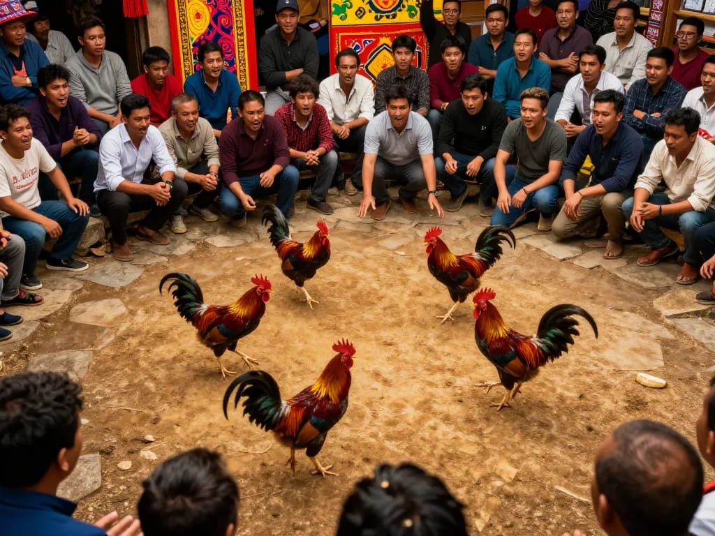 Cảnh tượng của một trận đấu đá gà trực tiếp với những chú gà rực rỡ, thể hiện sự hồi hộp của đá gà Thomo hôm nay