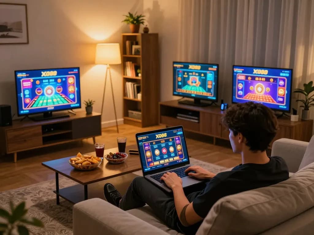 Player engaging with xo88 online casino game interface on a cozy home setup