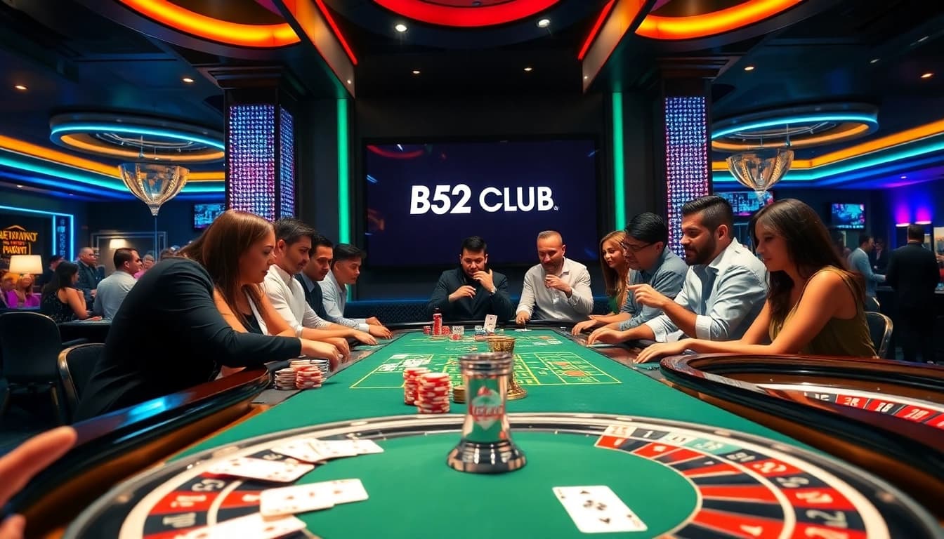 B52 CLUB players enjoy high-stakes gambling at a luxurious casino table filled with vibrant poker chips and excitement.
