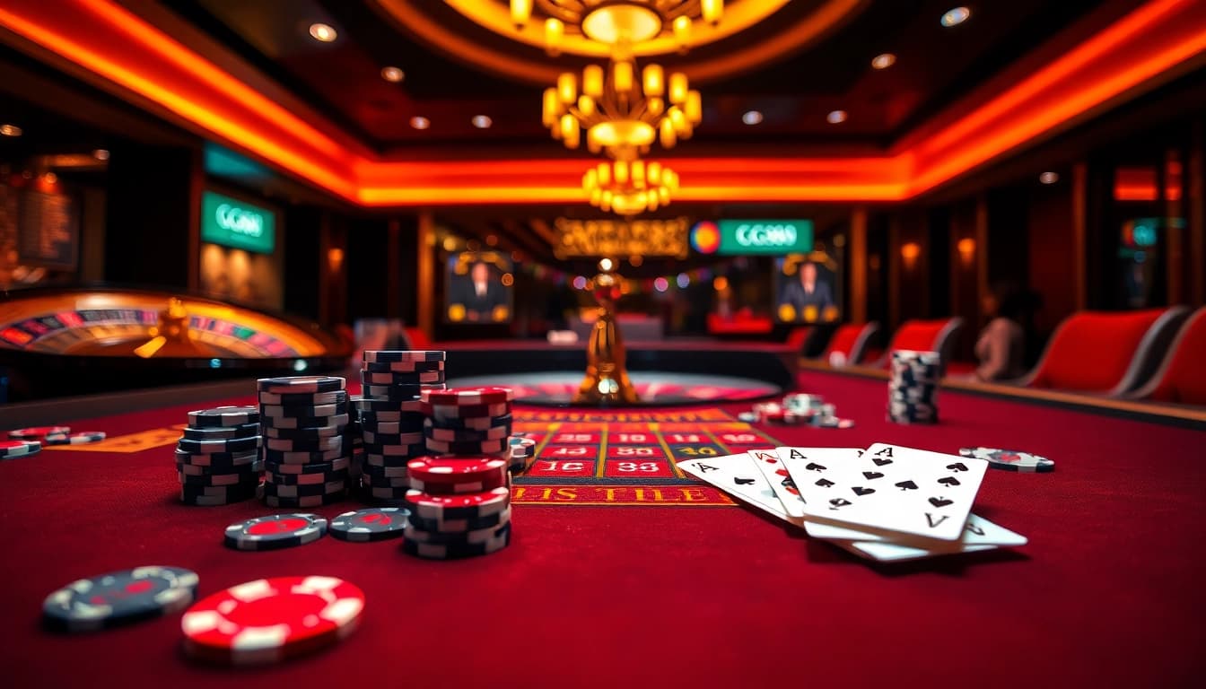 Experience the thrill of GG88 with poker chips and a roulette wheel in a luxurious casino setting.