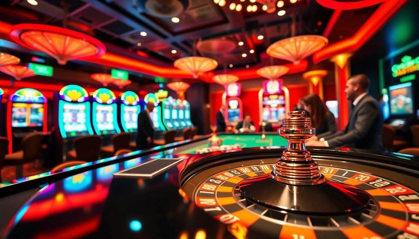 Players engaging at a roulette table in a Casino, with vibrant slot machines lighting up the background.