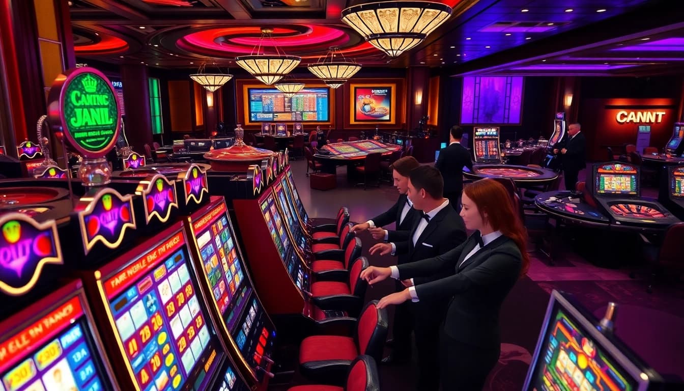 Rasakan kegembiraan mesin slot di lingkungan kasino yang glamor, di mana pemain menikmati suasana permainan yang mendebarkan.