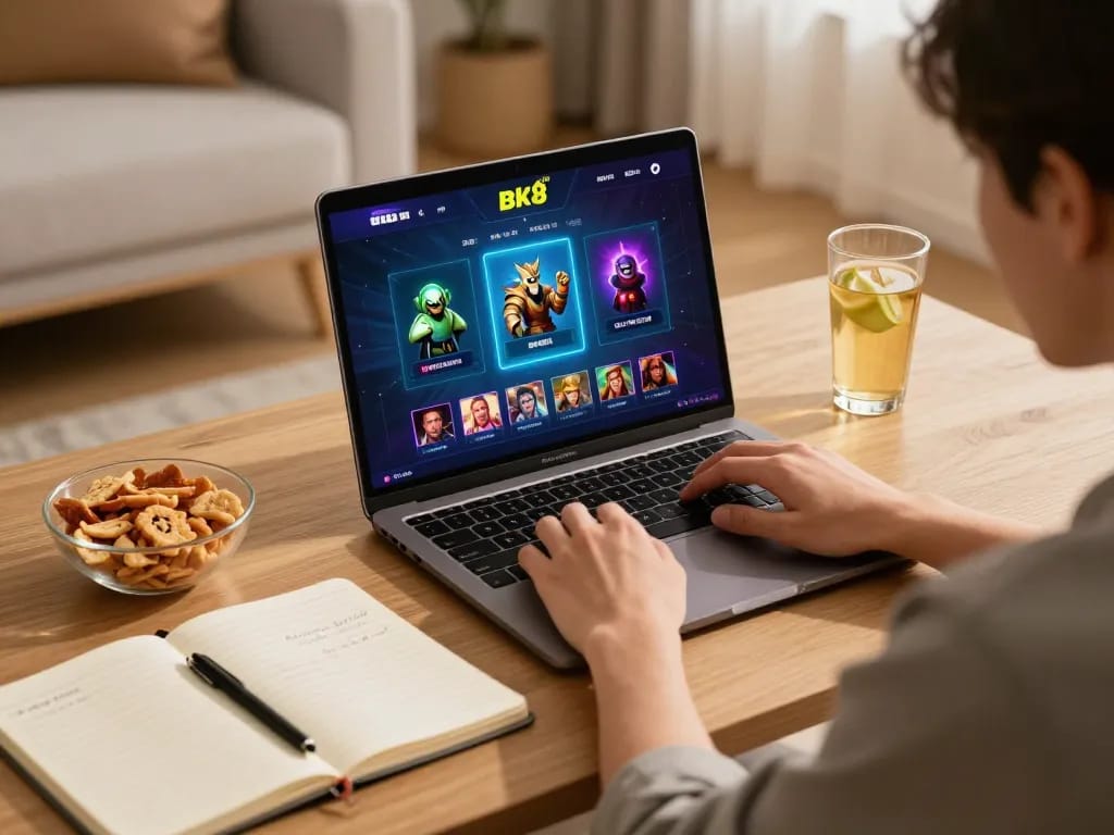 Player engaging with the bk8 online casino platform in a cozy home setup, representing responsible gambling.