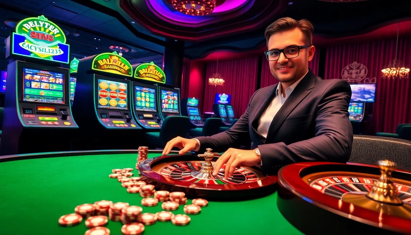 Exciting casino action at Goal123 with vibrant slot machines and roulette wheel.