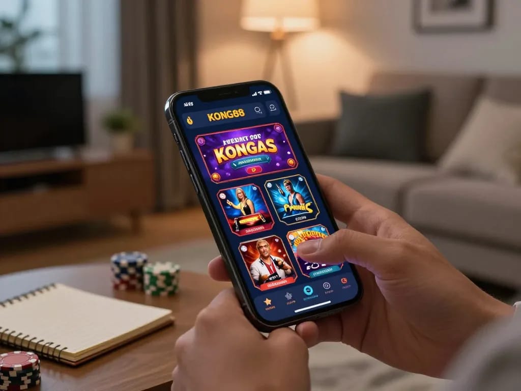 KONG88 user engaging with casino app on smartphone in cozy home setting.