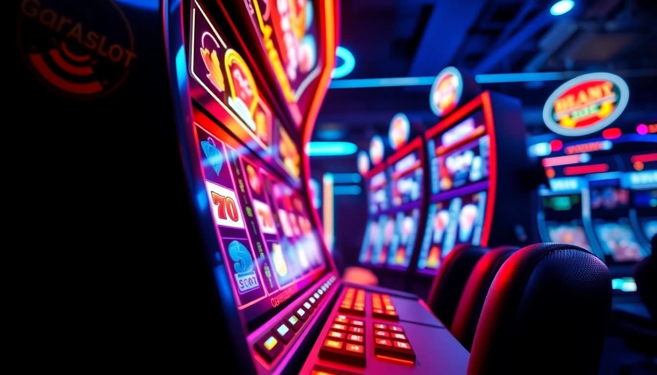 Menampilkan garasislot yang menarik dengan latar belakang penuh warna dan suasana ceria.