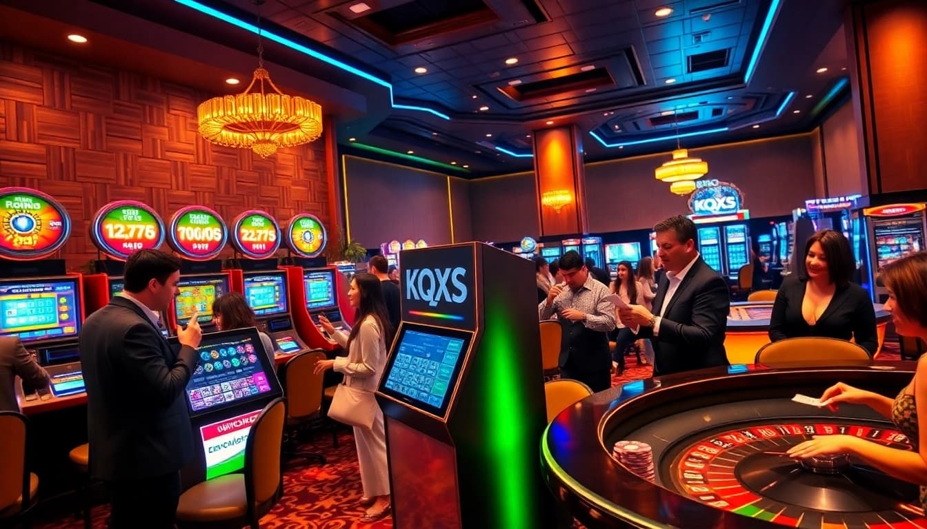 KQXS lottery players eagerly checking their tickets in a vibrant casino atmosphere
