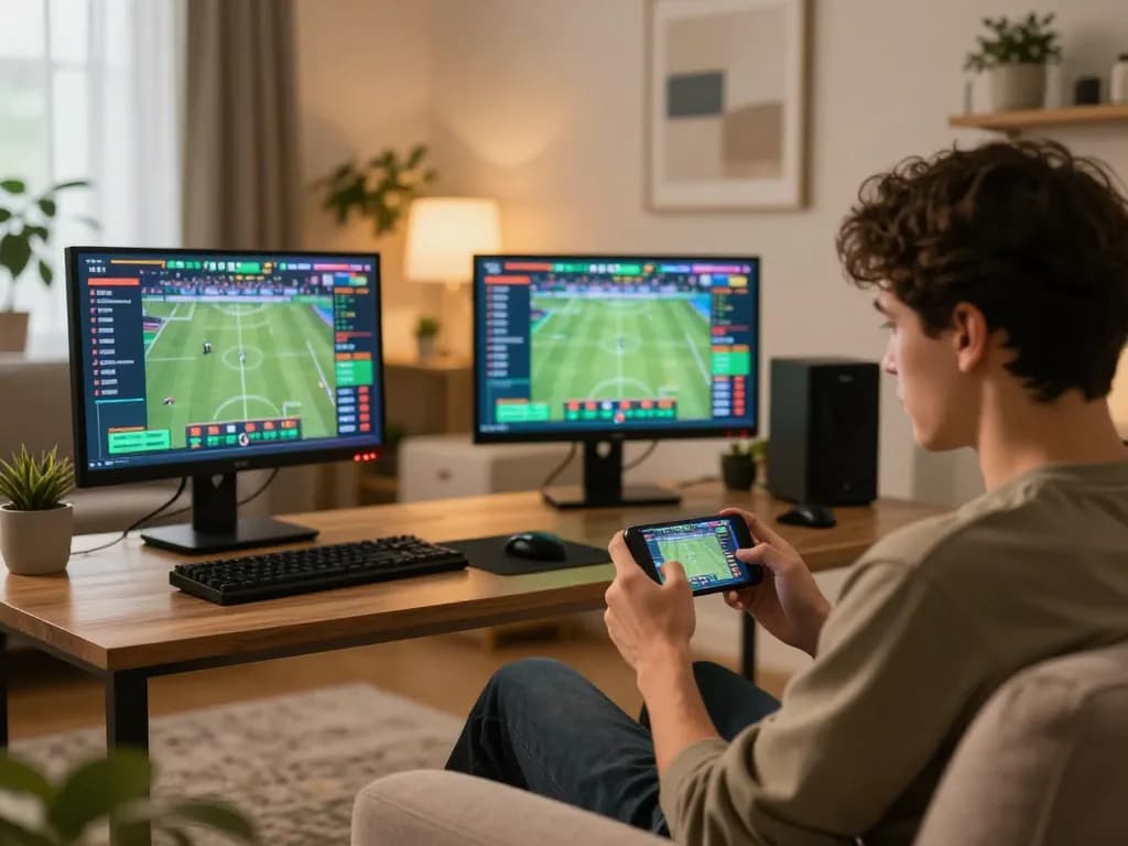 Engaging in ทางเข้า m100 sports betting on smartphone in a cozy home setting, showcasing excitement and strategy.