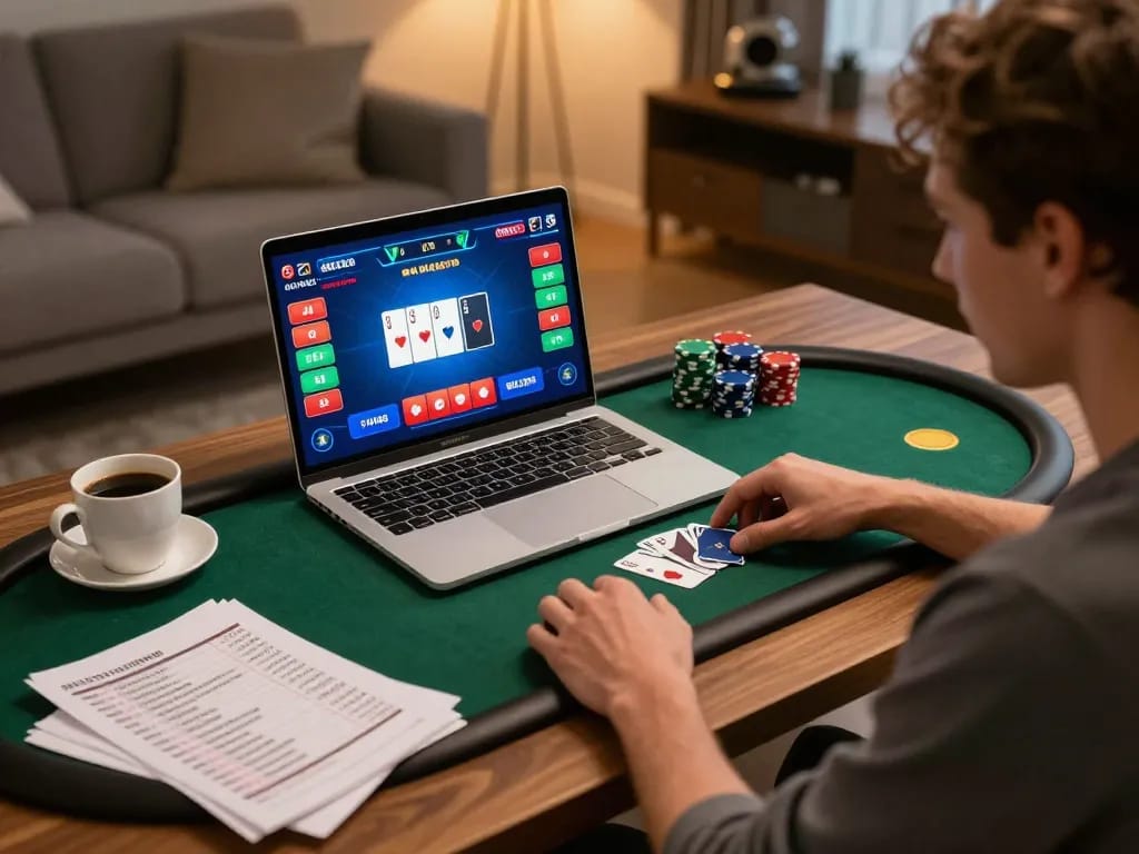 iwin player engaging in online poker gameplay at home, showcasing a strategic betting setup