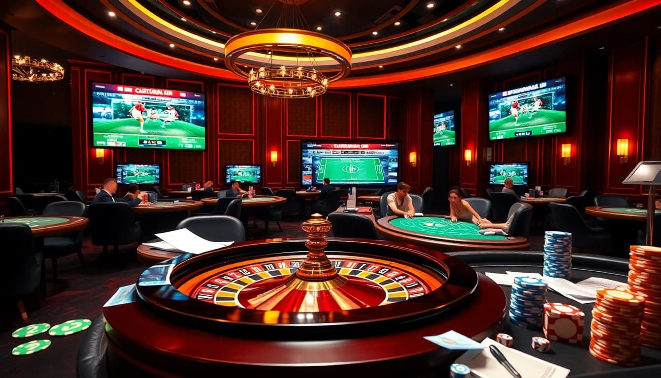KQBD players excitedly check live football scores at a vibrant casino setting.