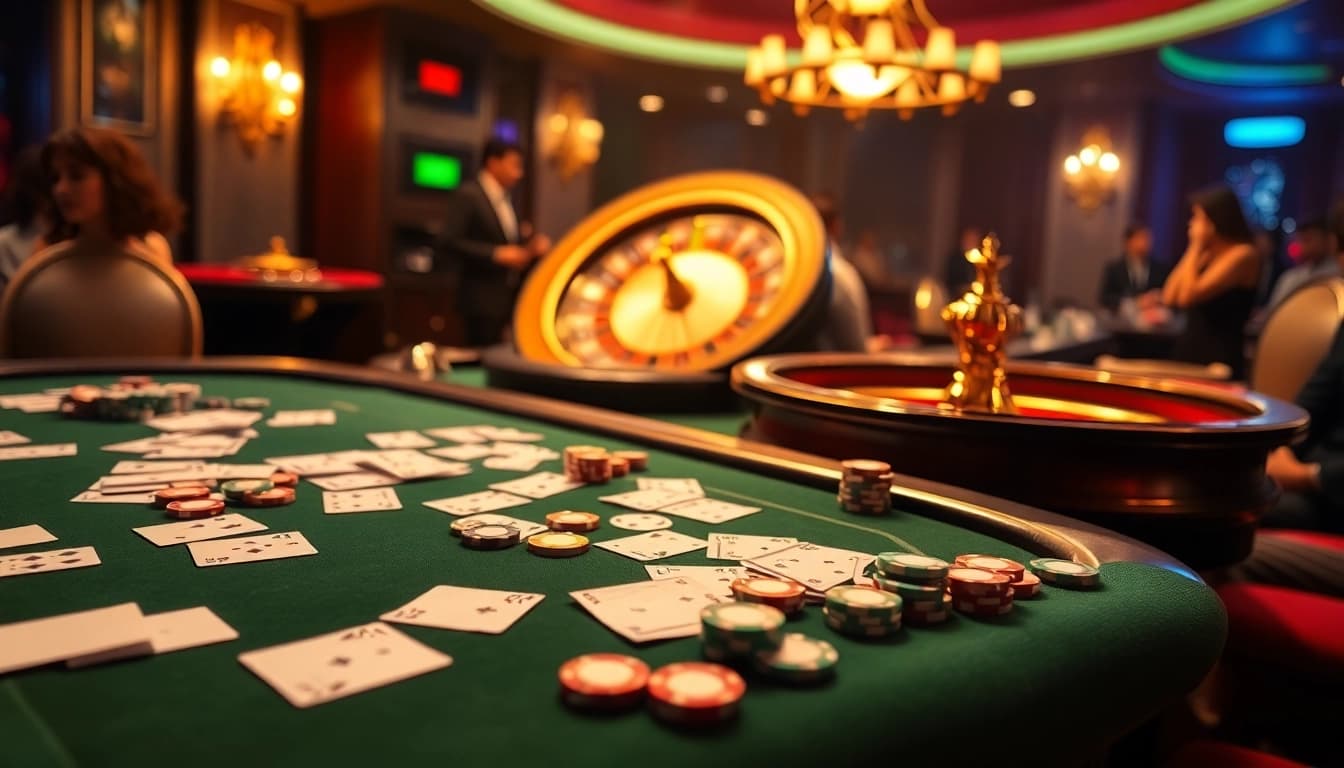 Kuwin players enjoying a vibrant casino atmosphere with a lively poker table and roulette wheel.