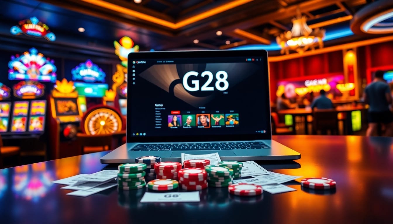 G28 online casino interface showcasing excitement at vibrant gaming tables and bright slot machines.