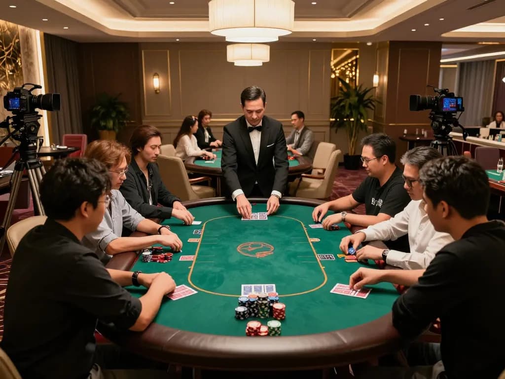 F168 poker players strategizing their game at an upscale casino table with dealer and cards visible