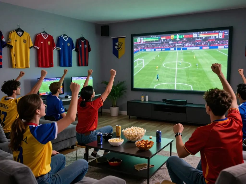 Friends enjoying a lively soccer game watching experience at home, showcasing excitement for socolivetv.