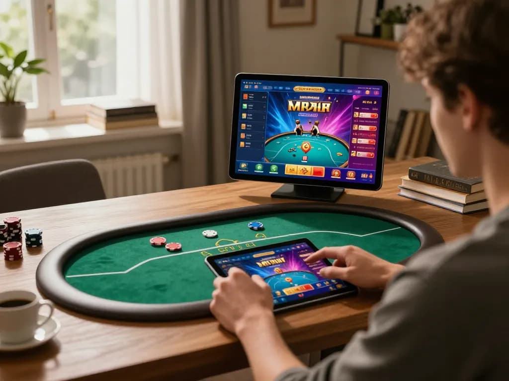 Engholmnds user enjoying online poker session with tablet and betting strategy notes in cozy setting