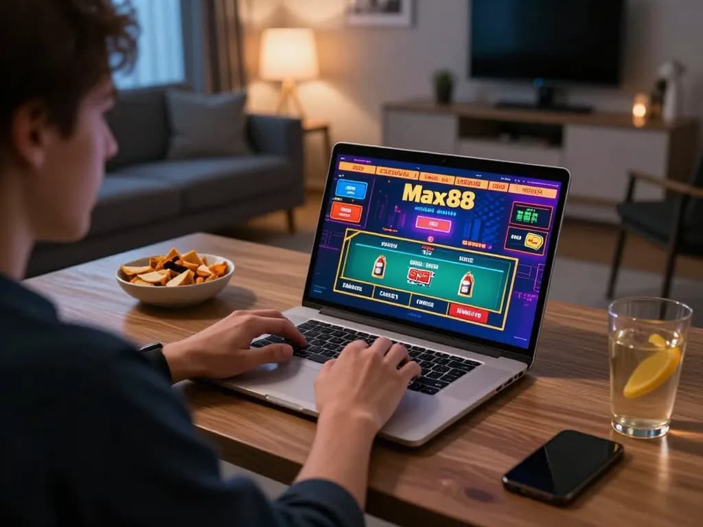 Max88 player engages in online gambling with a live dealer on laptop in a modern home office.