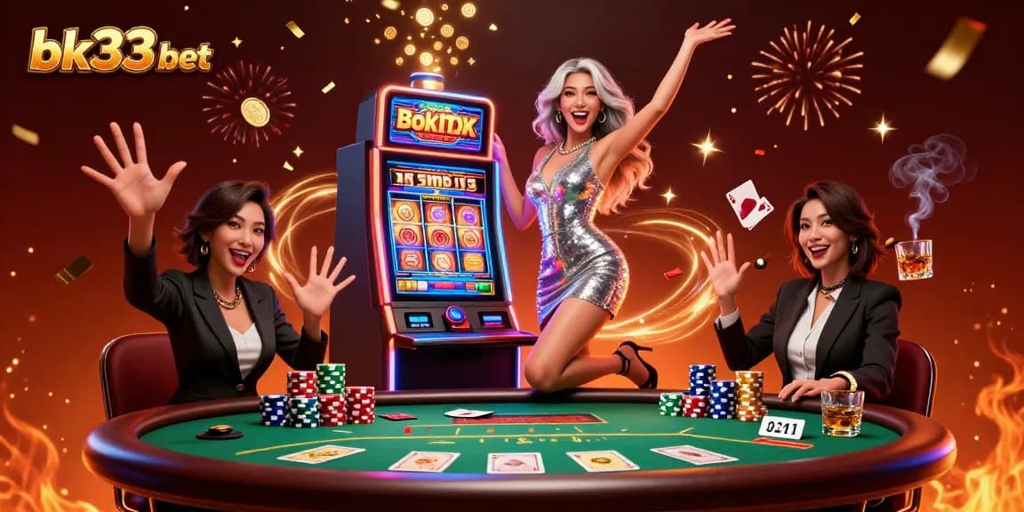 Witness the thrill of winning with bk33 bet at a vibrant casino scene featuring a joyous woman next to a slot machine.