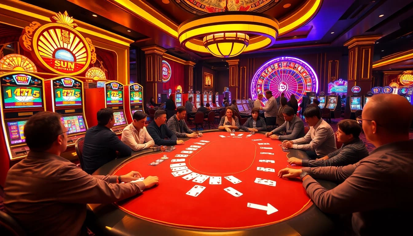 Sun win casino scene with vibrant slot machines and engaged poker players at a luxurious gaming table.