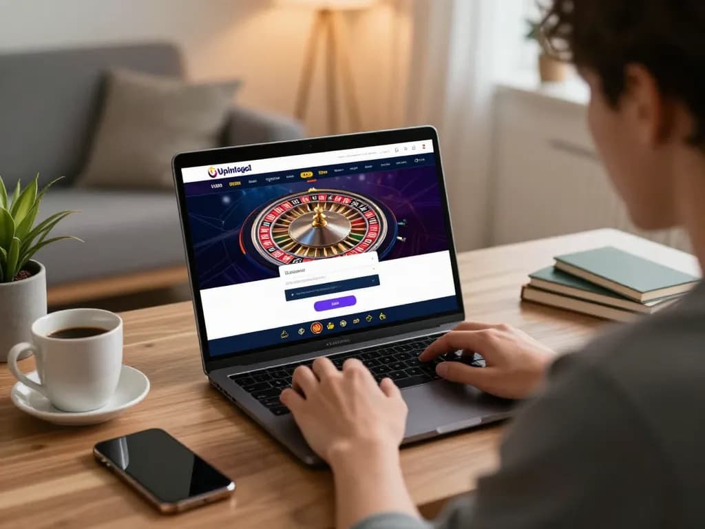 Engage with Upintogel login for online casino fun, featuring a player at a laptop in a cozy home.