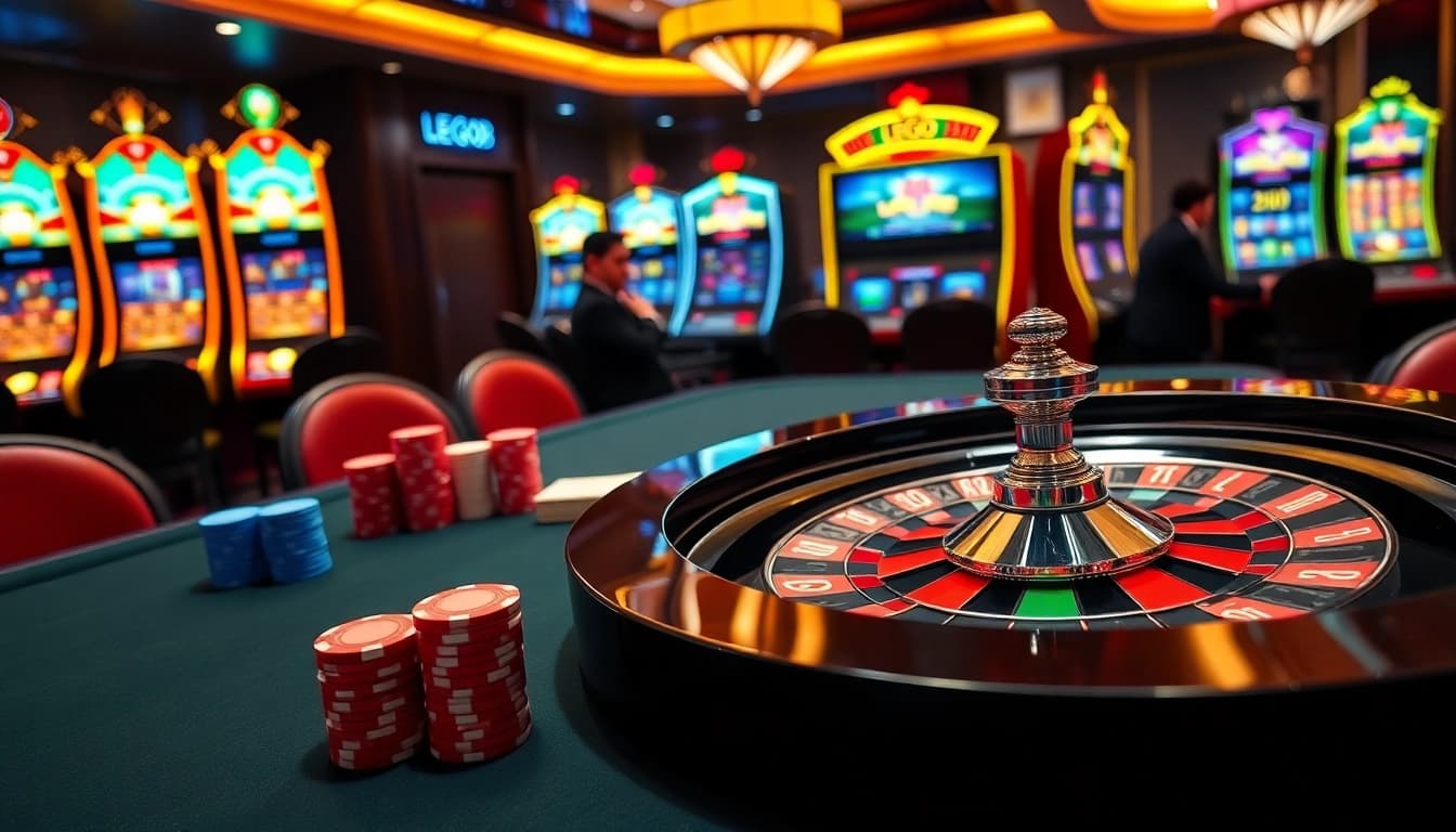 Excited players enjoying the lego138 gaming experience at a luxury casino table with chips and cards.
