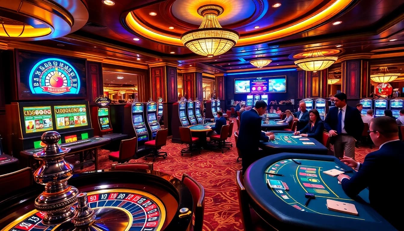 Experience the thrill of gaming at Bay789 with luxurious casino tables and vibrant slot machines.