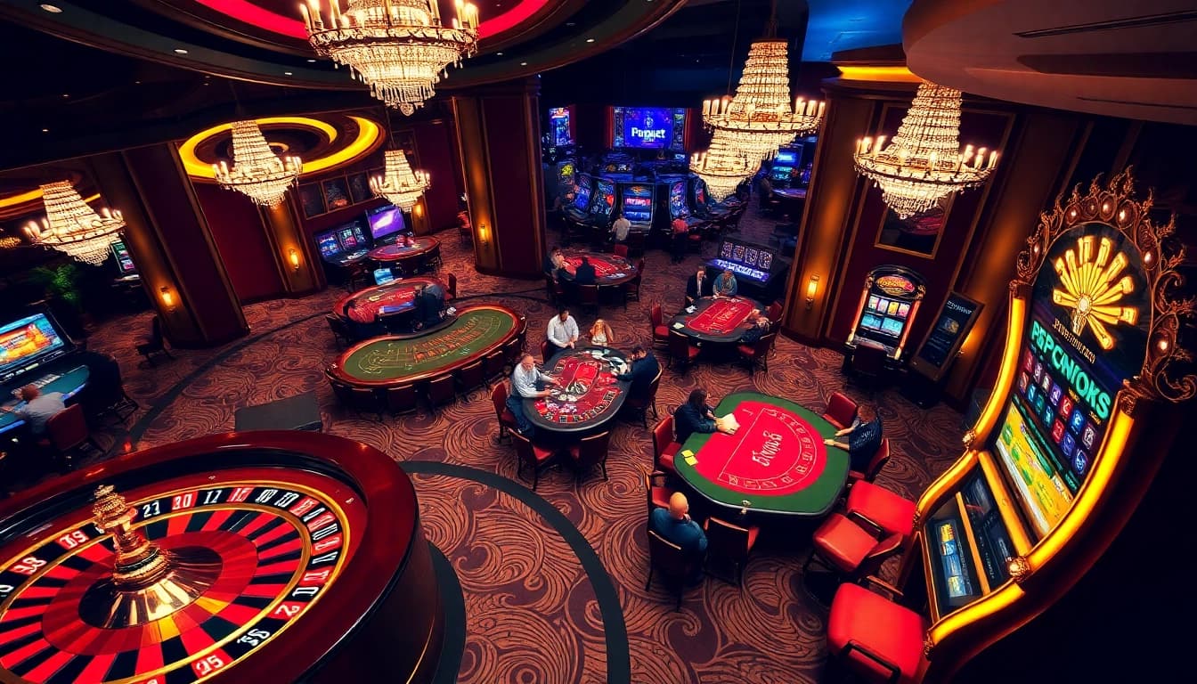 Players enjoying high-stakes games at PG88 casino with vibrant tables and slot machines.