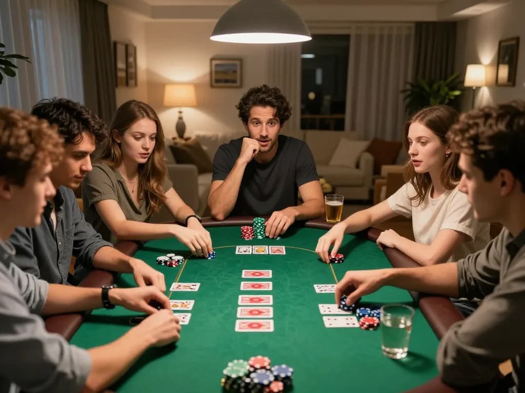 Friends enjoying strategic poker gameplay with Pragmati Play cards at a cozy home game night.