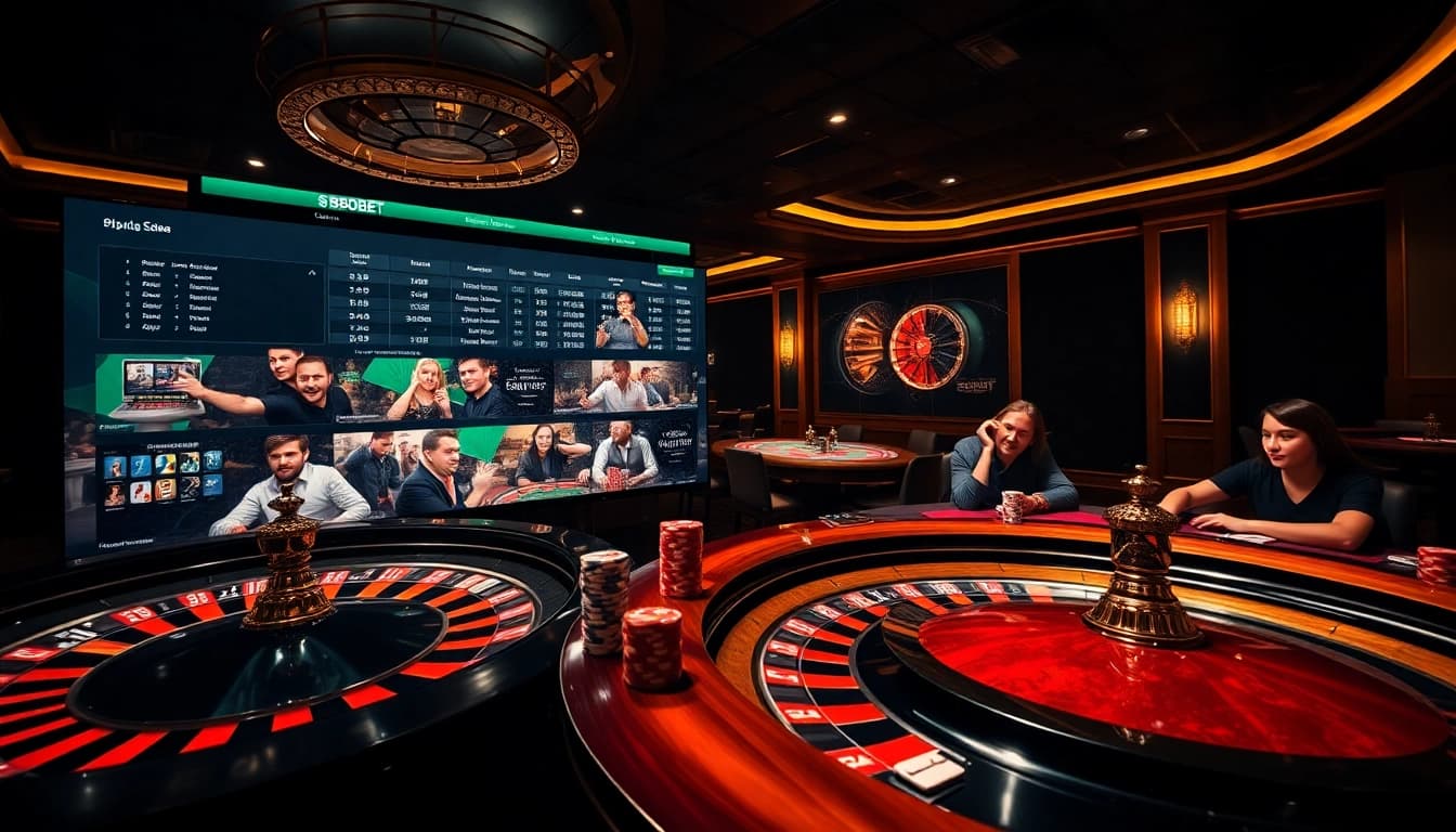 SBOBET offers an engaging sports betting experience at a lively casino table featuring poker chips.