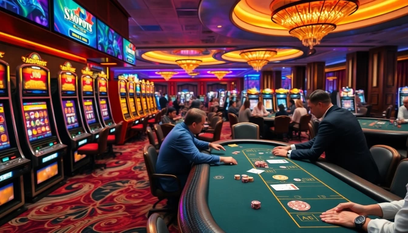 Experience the thrill of playing idnslot machines in a vibrant casino setting with poker tables and colorful lights.