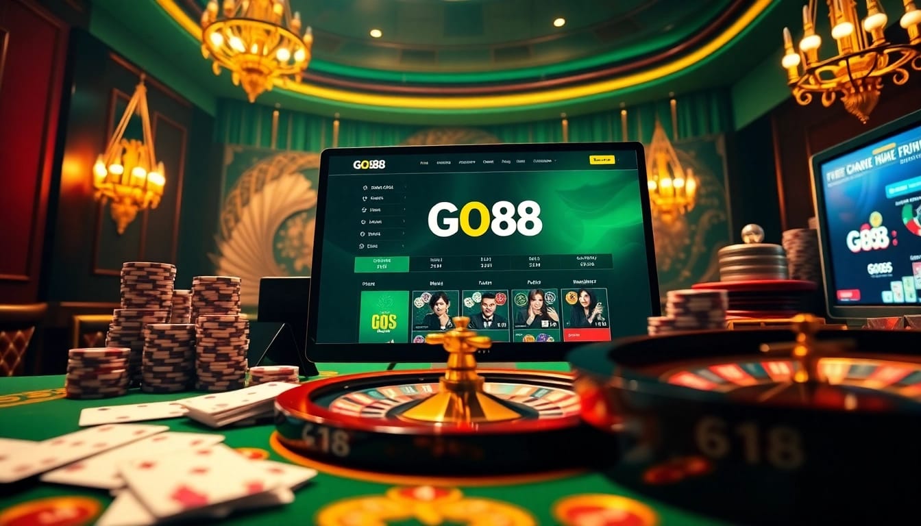 Exciting scene showcasing online gambling elements on Trang Chủ GO88, featuring casino tables and poker chips.