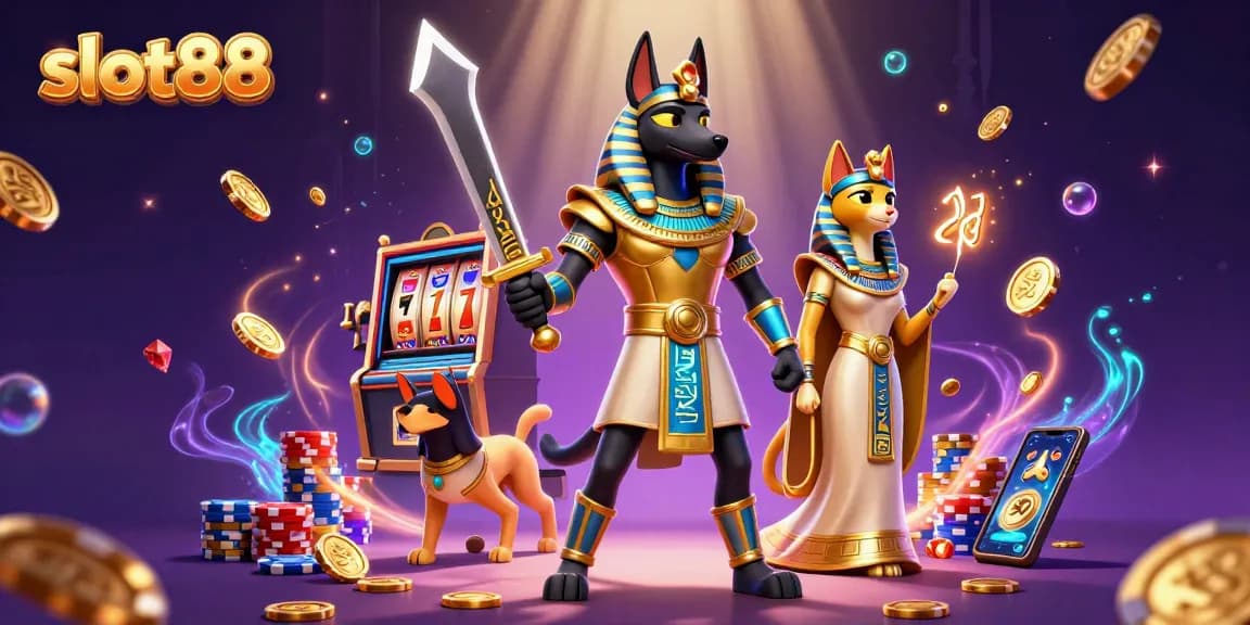 Slot88 menampilkan karakter Anubis dan Bastet di antara kepingan koin emas dalam ilustrasi perjudian.