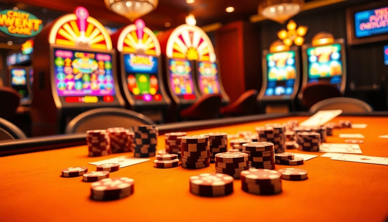 Experience thrilling gameplay at uu88's vibrant casino with poker chips and slot machines.