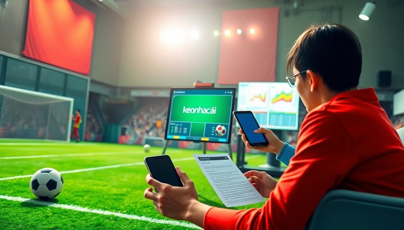 Exciting soccer betting scene showcasing keonhacai with fans analyzing stats and placing bets.