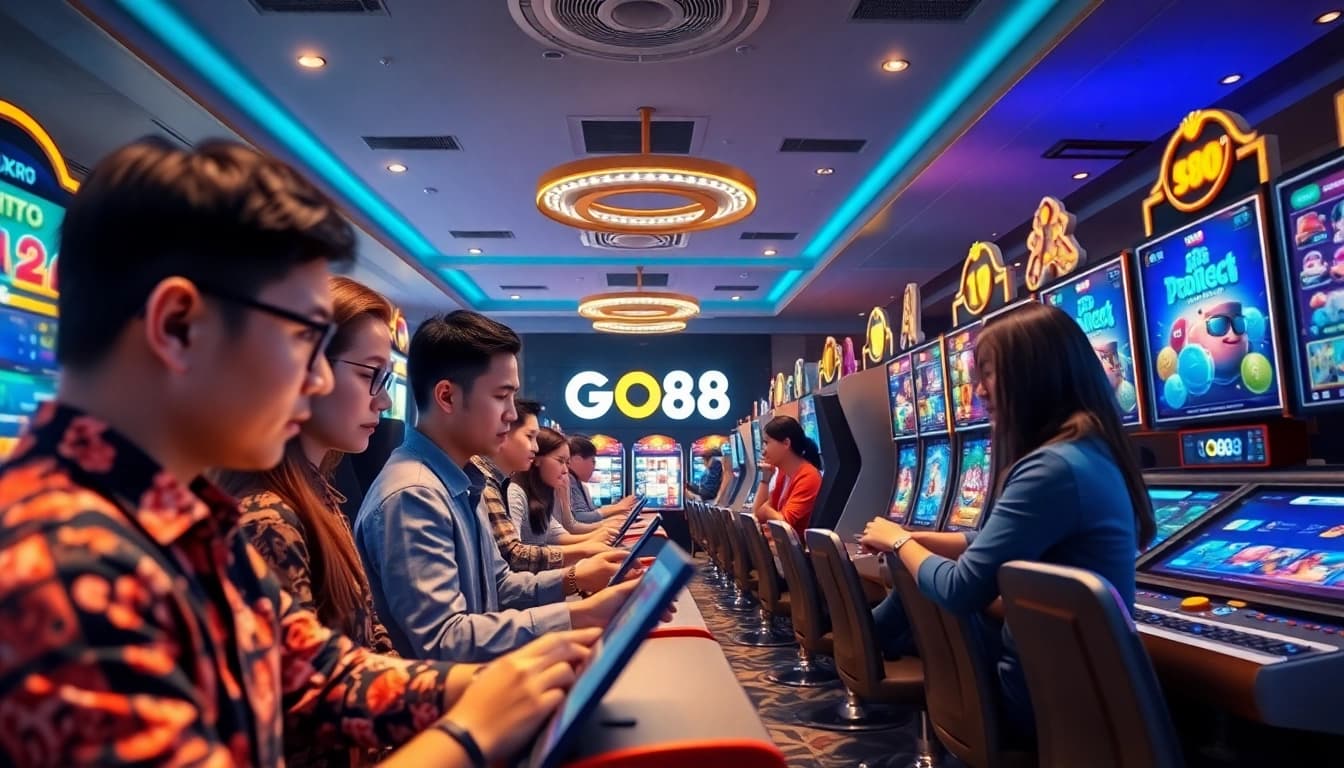 Players thrillingly engage with games on the GO88 platform, showcasing excitement and camaraderie.
