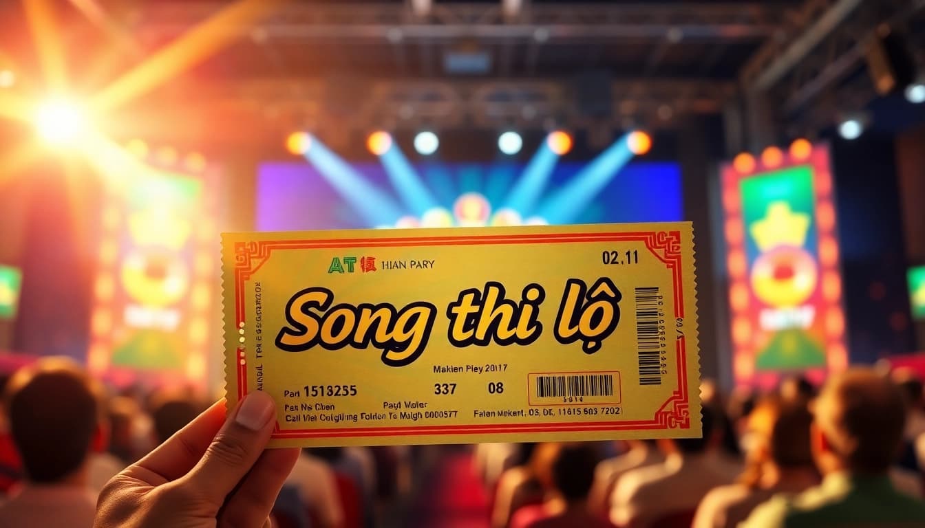 Exciting lottery ticket featuring Song thủ lô with illuminated draw stage in the background.