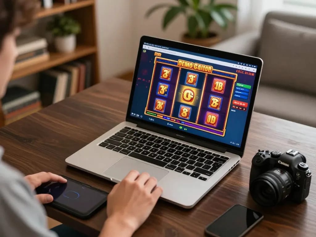 Player exploring Demo Gacor on an online casino game from a stylish home setup.